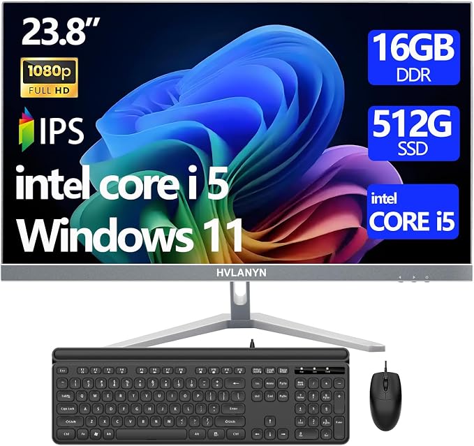 23.8-Inch Fhd All-in-One Desktop Compute,Core i5, 16GB DDR RAM,512GB PCIe SSD,1920×1080 FHD Display, WiFi, Bluetooth,Mouse and Keyboard Include,with 1-Year Warrant