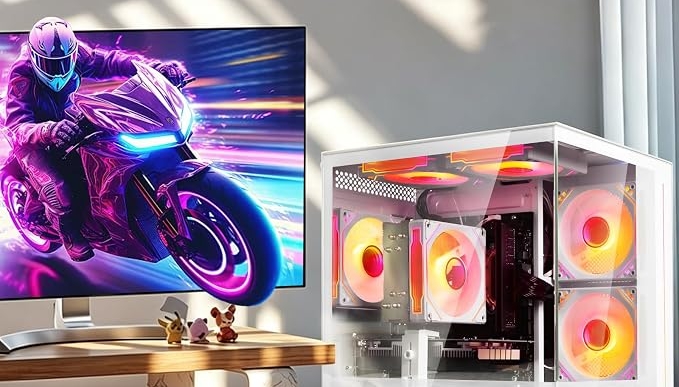 suevery Gaming PC Bundle White R5 Tower Pre Built Desktop Computer